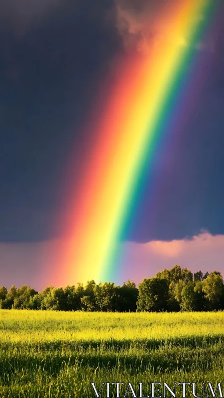 Sunlit meadow glowing beneath a bold stormy rainbow.