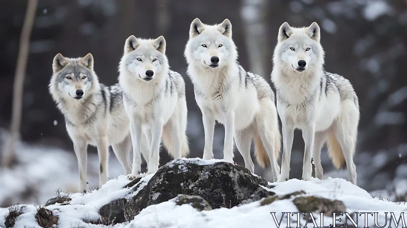 Snowy wolf pack standing strong in a calm winter forest.