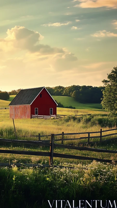 Red barn stands in golden rural meadow under soft sunset sky