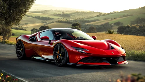 Red hypercar rendered in photorealistic lighting on rural road