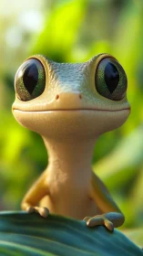 Bright-eyed cartoon gecko smiles gently in lush green light