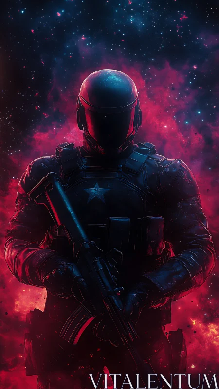 Armored soldier silhouette stands against nebula backdrop