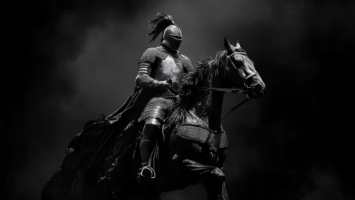 Armored knight on warhorse against dark stormy backdrop.