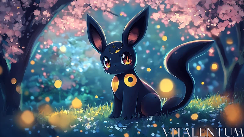 Cel-shaded nocturnal creature under bokeh-lit cherry blossoms