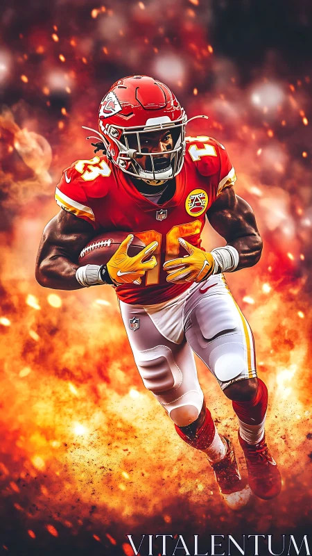 Football player in red uniform running through fire effect.