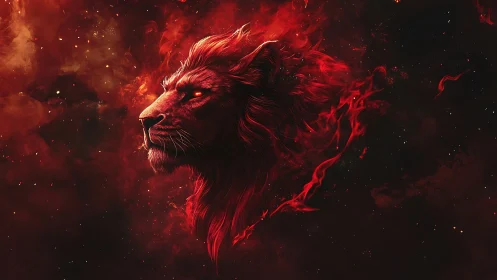 Fiery spectral lion portrait in red nebular cosmic clouds