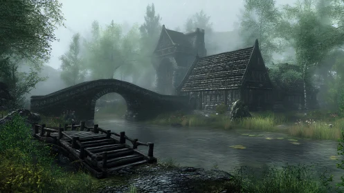 Foggy riverside village bridge with cozy timbered cottages.