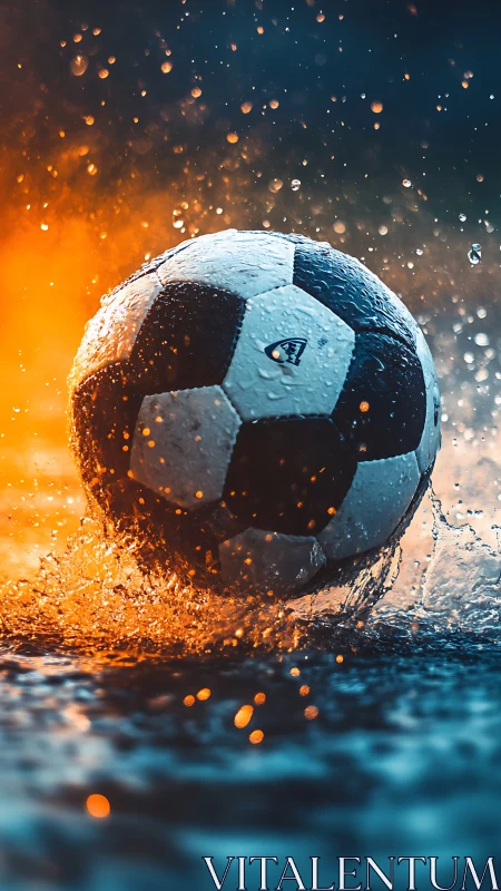 Football in mid-splash with contrasting warm and cool lighting.