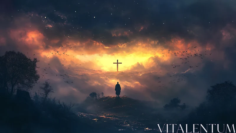 Silhouetted figure approaches radiant cross under storm-lit sky
