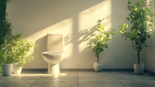 Sunlit minimalist toilet interior integrates biophilic decor