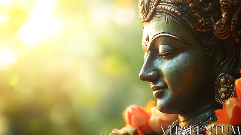 Golden morning light warmly embraces serene goddess statue