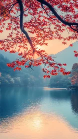 Crimson maple canopy cradles a sunrise-silk mountain lake.
