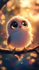 Small stylized owl sits on branch amid blurred light orbs