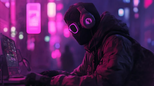 Hooded cyberpunk operator codes under neon magenta glow