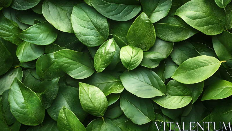 Lush green leaves overlap to create a vivid natural pattern.