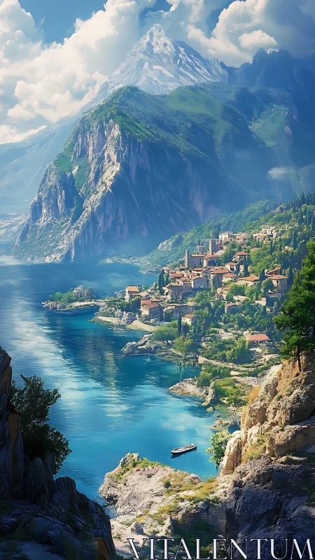 Alpine Valley Settlement Nestled Below Steep Mountain Cliffs