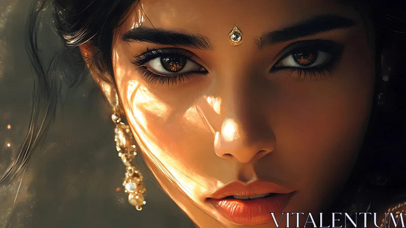 Golden light traces intense gaze on jeweled portrait face