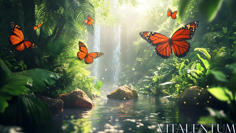 Orange butterflies over jungle waterfall pool at sunrise.