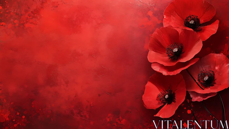 Red poppies rendered against textured deep crimson background surface.