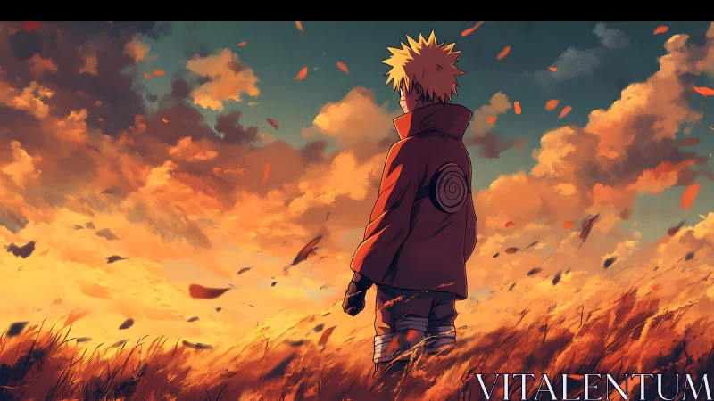 Anime figure in orange coat in windy field at sunset sky.