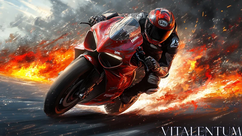 Blazing red superbike rockets through fire and racing sparks