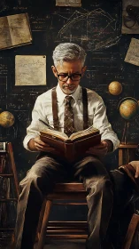 Midnight scholar unravels constellations inside a dusty study.