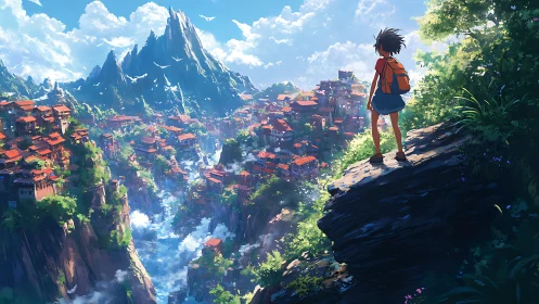 Elevated valley cityscape survey with anime traversal figure.