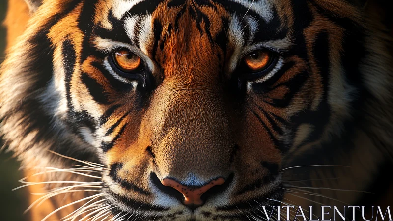 Tiger face close-up shows intense gaze and sharp detail