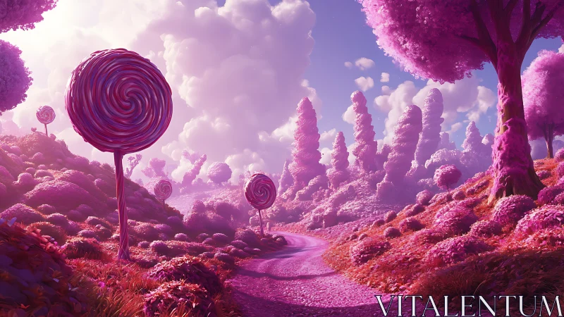 Surreal Lollipop Forest Landscape with Purple Candy Trees and Winding Path