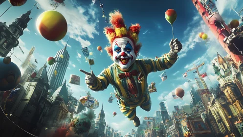 Clown figure floats over dense urban skyline holding balloons