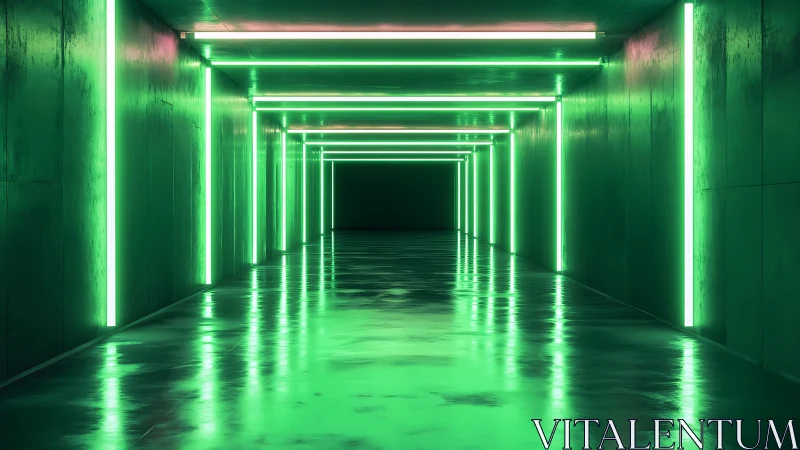 Neon green tunnel extends with reflective floor and light bars