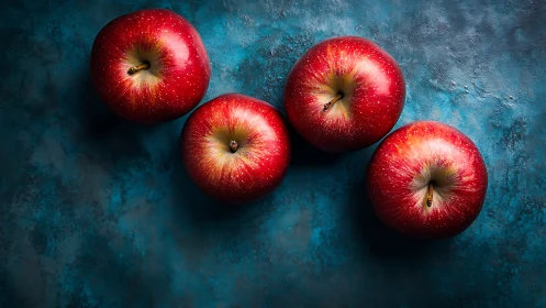 Four ruby apples quietly march across a stormy teal sky