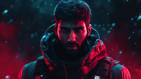 Intense hooded man in red and teal cinematic lighting.