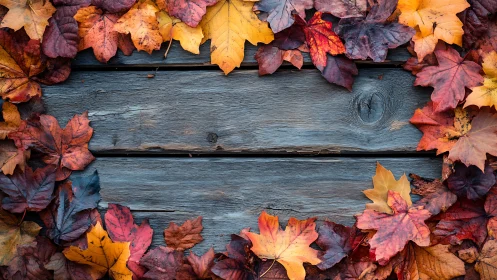 Rustic autumn leaf frame on weathered wooden planks background.