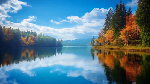 Photorealistic autumn lake panorama with mirrored treeline symmetry.