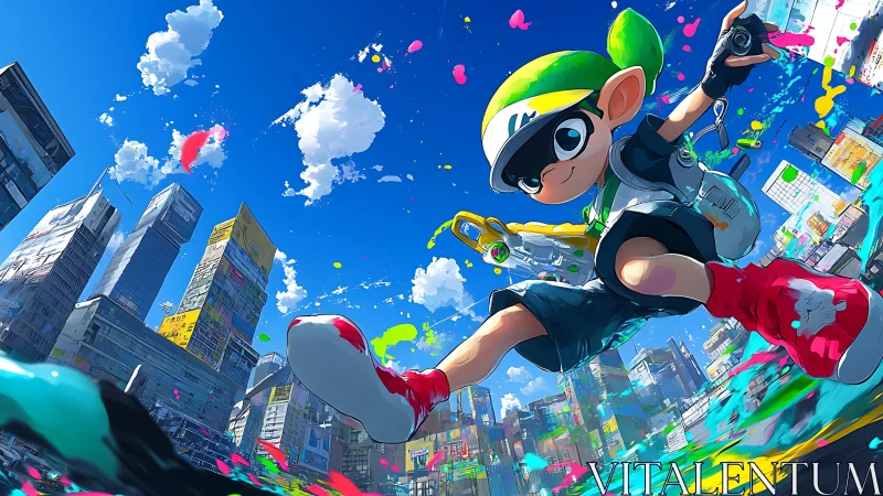 Energetic ink-splattering hero dashes across a sunny city