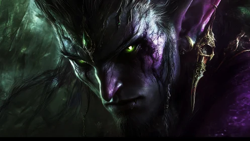 Demonic elf portrait shows glowing eyes and ornate earrings