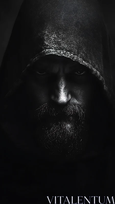 Hooded bearded man stares forward in harsh low key light
