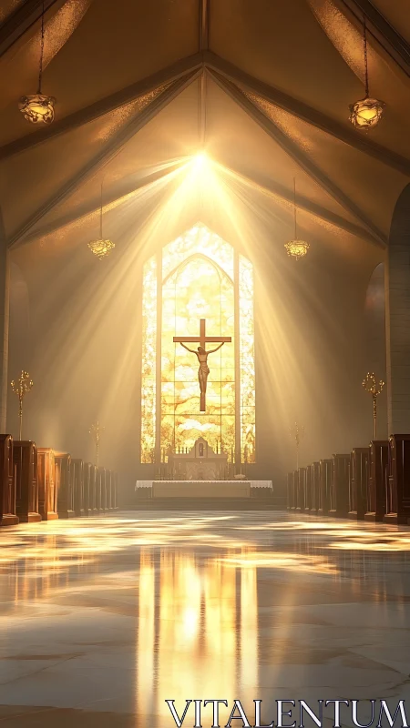 Sunlit crucifix and stained glass in quiet church interior.