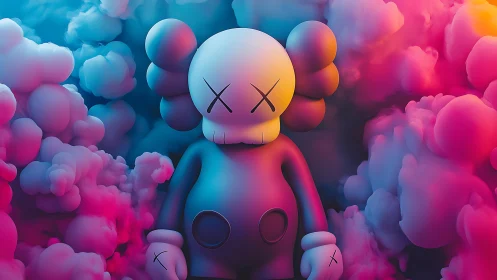 Toy figure stands in neon vapor cloud, pop surreal glow.