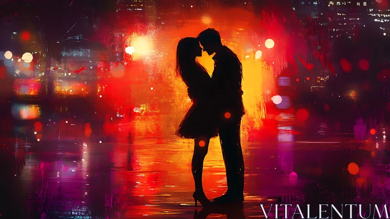 Silhouetted couple kissing against neon cityscape.