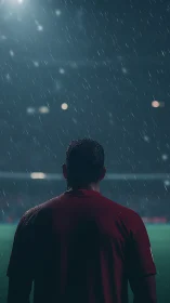 Soccer player viewed from behind under stadium rain