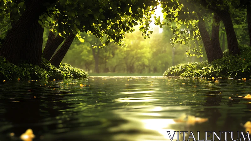 Sunlit river refuge under a gentle green forest canopy.