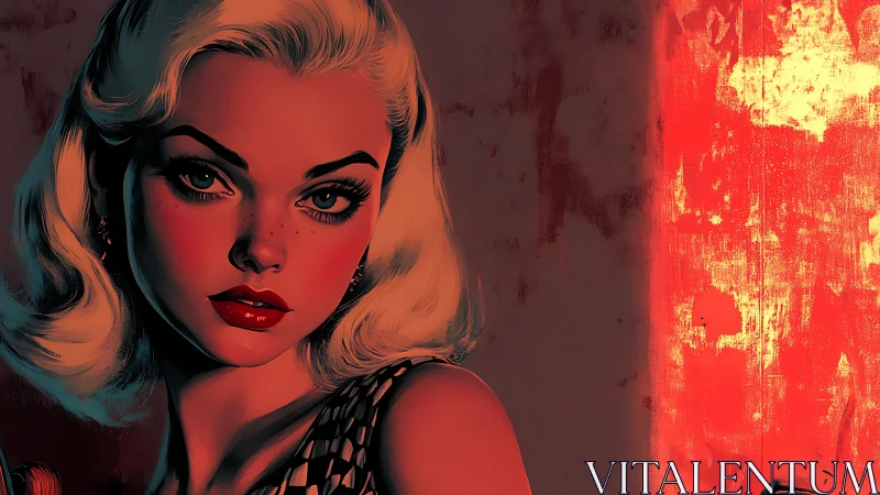 Retro blonde portrait under neon red cinematic light.