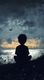 Silhouetted child contemplates a stormy sea at dusk.