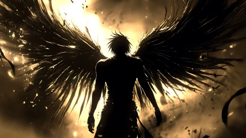 Dark-winged figure stands against blazing celestial light