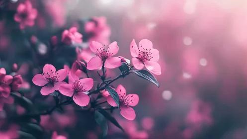 Pink Cherry Blossoms in Soft Focus Garden.