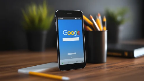 Google Search Mobile Interface on Smartphone Desk.