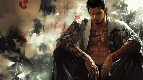 Tattooed male figure sits against diffuse abstract backdrop