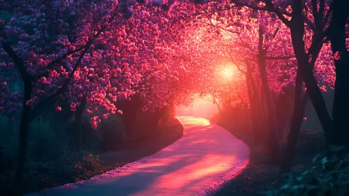 Sunlit cherry blossom path glows with dreamy evening color